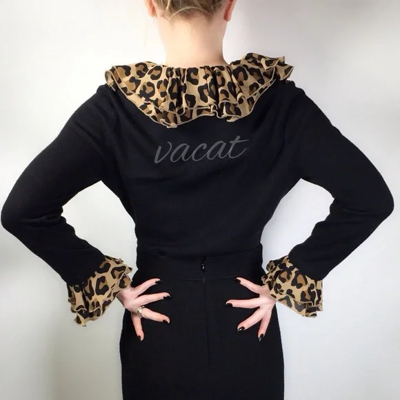 Tory Burch Black V-Neck Sweater with Leopard Print Trim - Picture 3 of 4